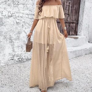 Chic Off-Shoulder Beige Maxi Dress